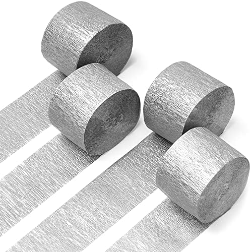 PartyWoo Crepe Paper Streamers 4 Rolls Silver 328ft Total