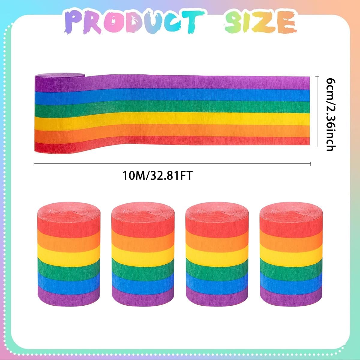 Willaudy Rainbow Crepe Paper Streamers 6 Rolls 197ft