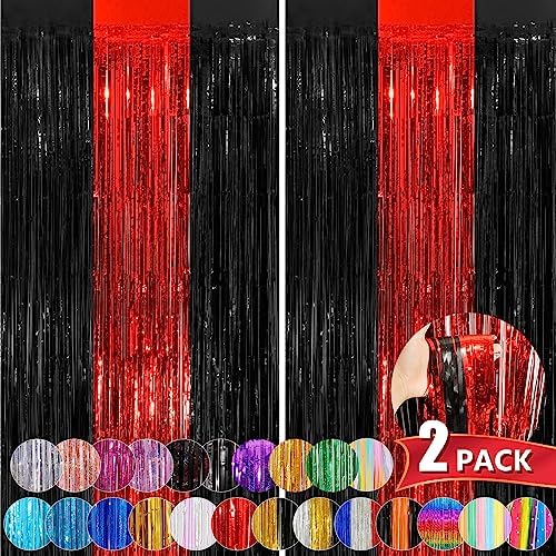 Foil Fringe Curtains 2 Pack Black Red Tinsel Party Decor