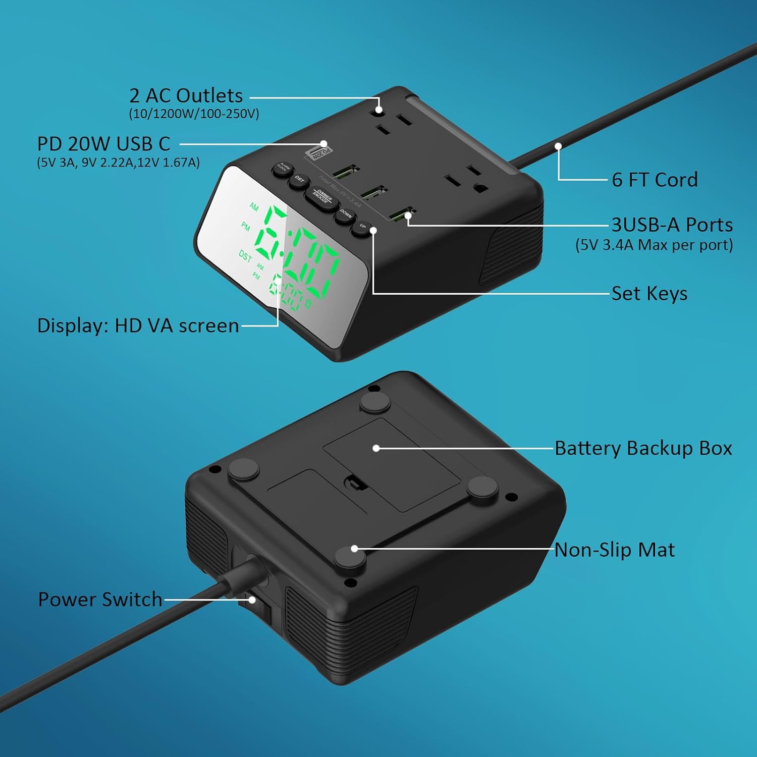 Kungfuking Electronic Alarm Clock with USB Power Strip