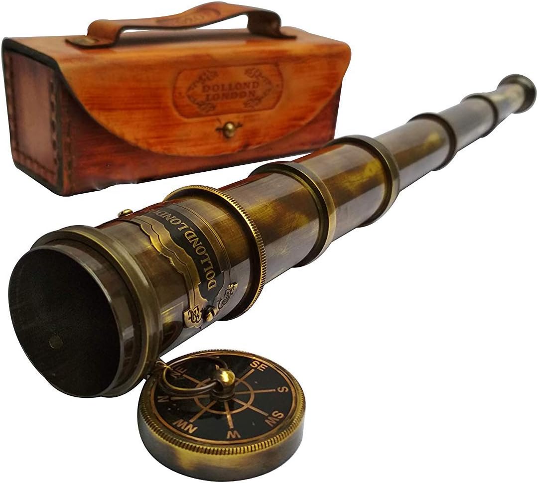 Antique Style 15 Inch Dollond London Chain Telescope with Red Leather Case