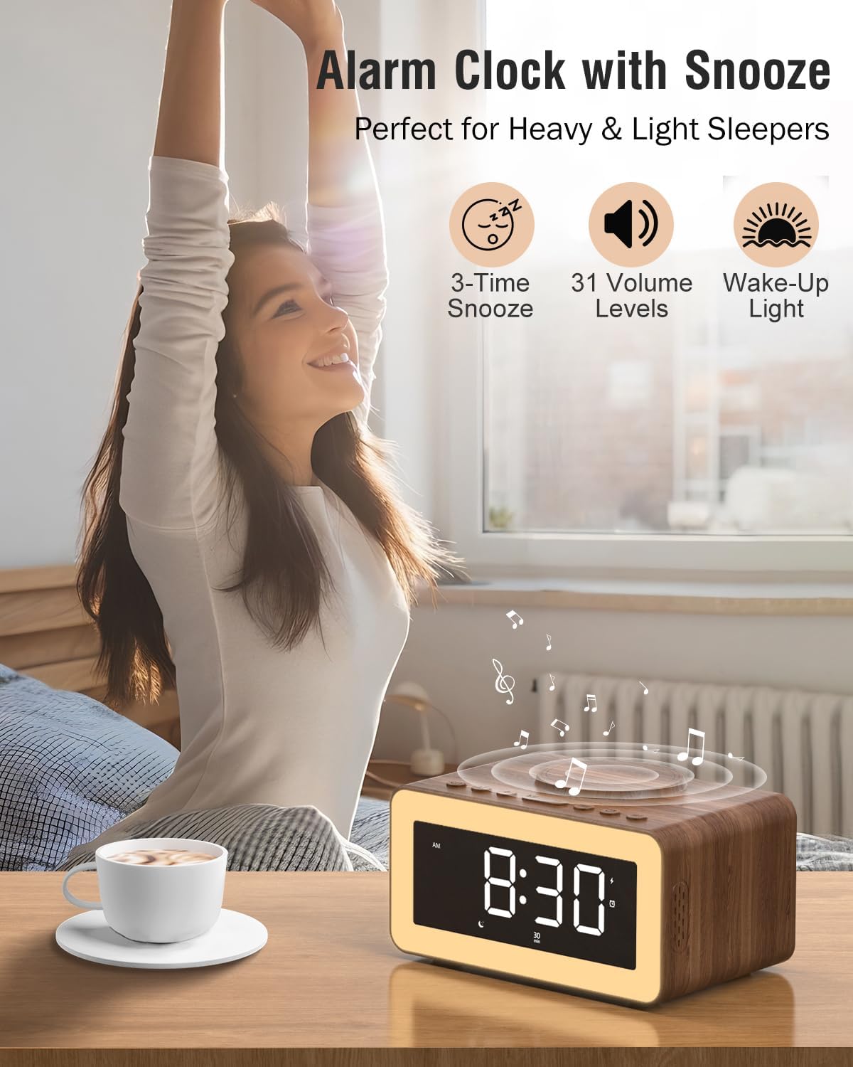Bitswolee All-in-One Alarm Clock with Wireless Charging