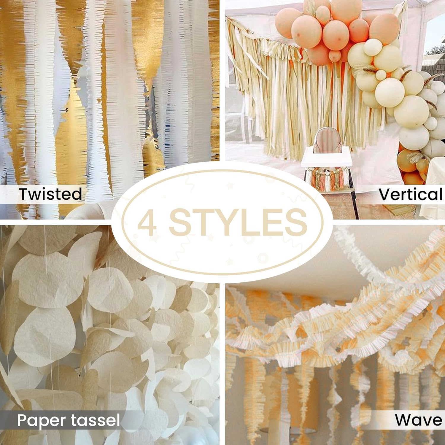 PartyWoo White Crepe Paper Streamers 4 Rolls 328ft Pack