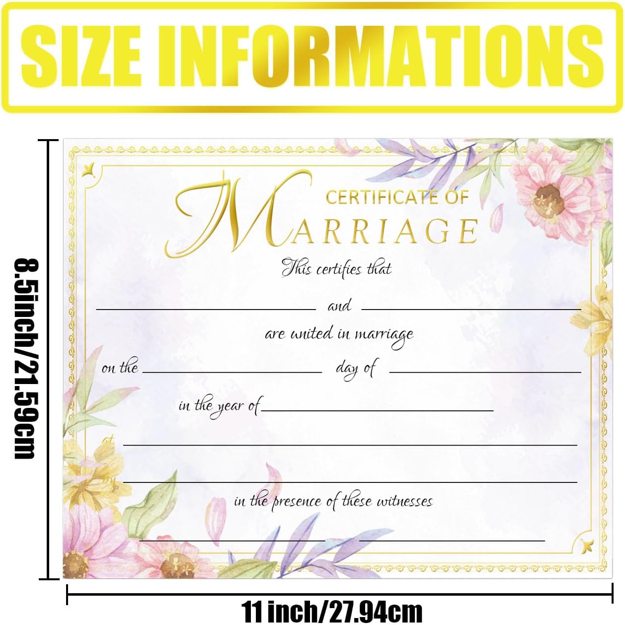 25 Pcs Gold Foil Wedding Certificates 11x85 Inch Blank Ceremony Paper
