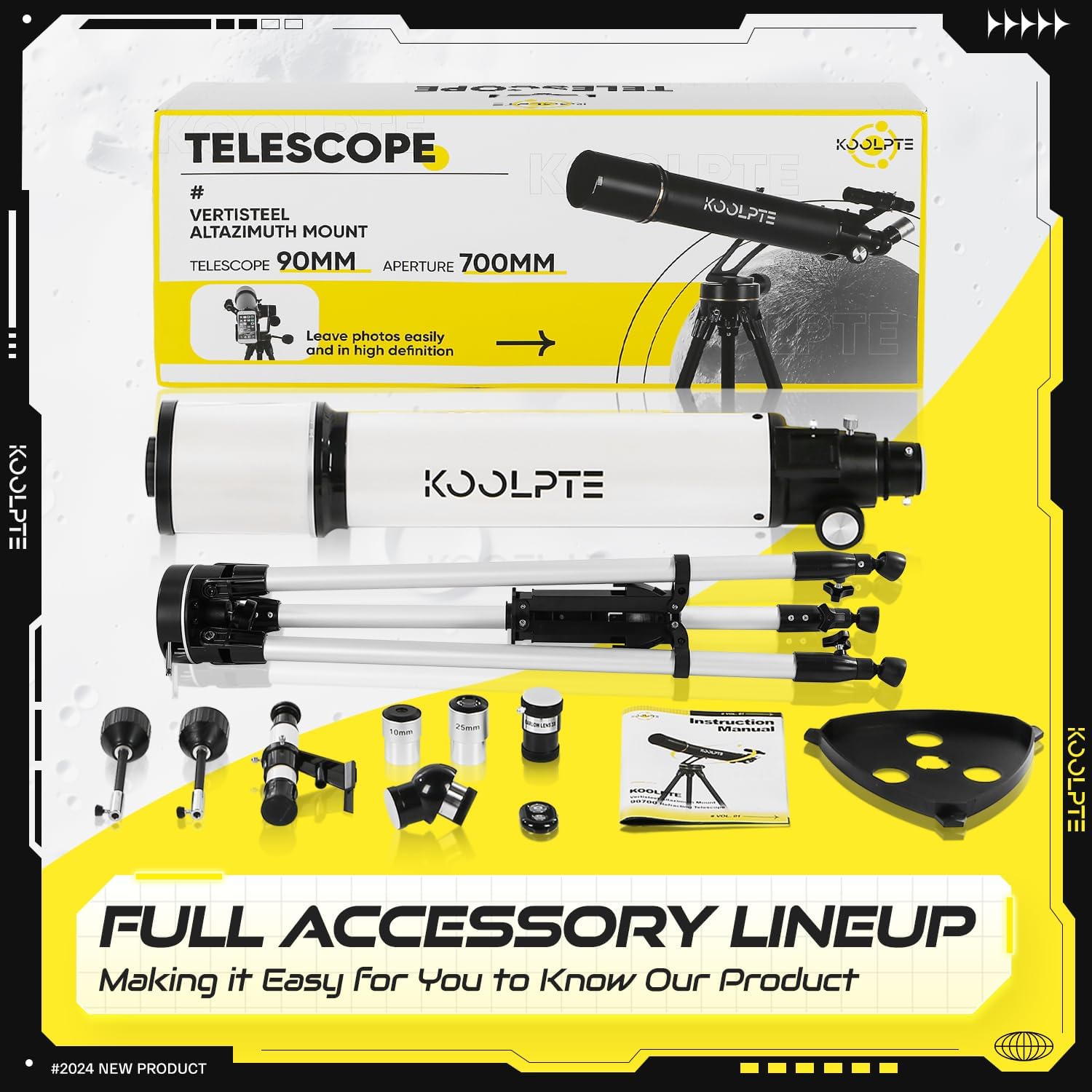 Koolpte 90mm Aperture Telescope with AZ Mounting Base and Phone Adapter
