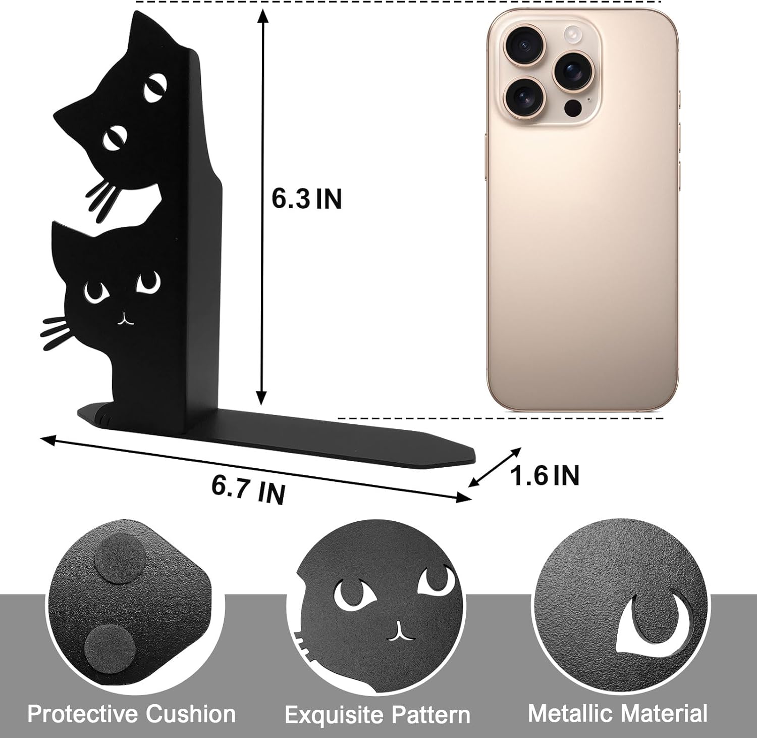 Peeping Cat Bookends for Shelves Decorative Black Metal