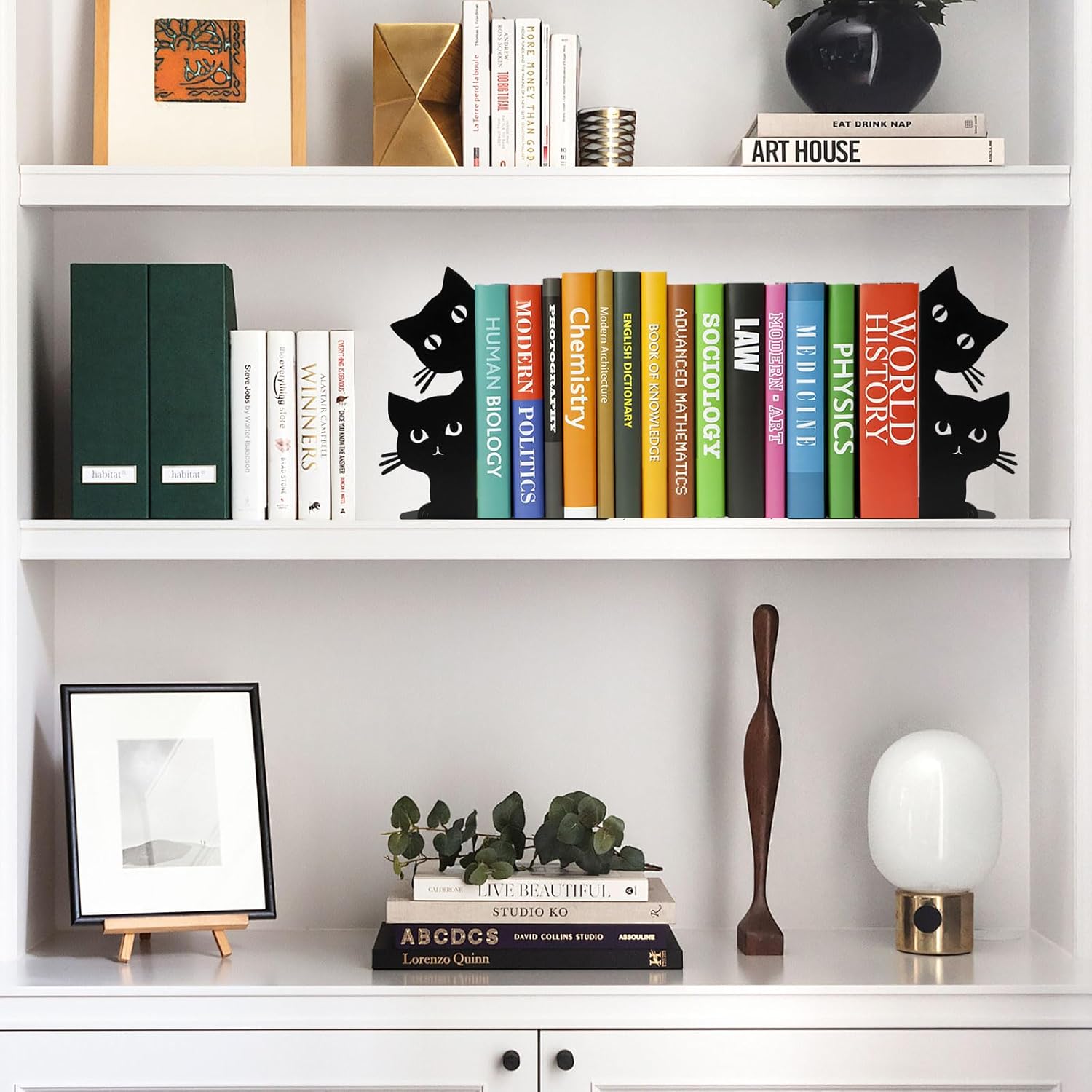 Peeping Cat Bookends for Shelves Decorative Black Metal