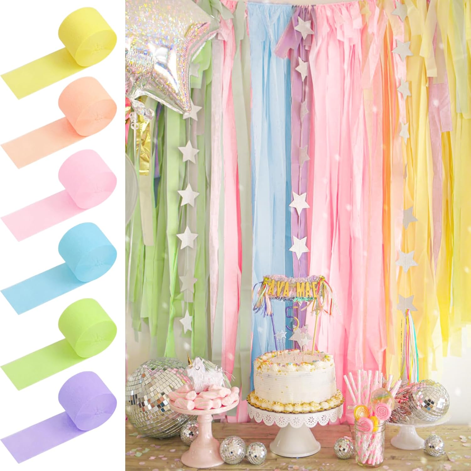 Crepe Paper Streamers 6 Rolls Pastel Rainbow