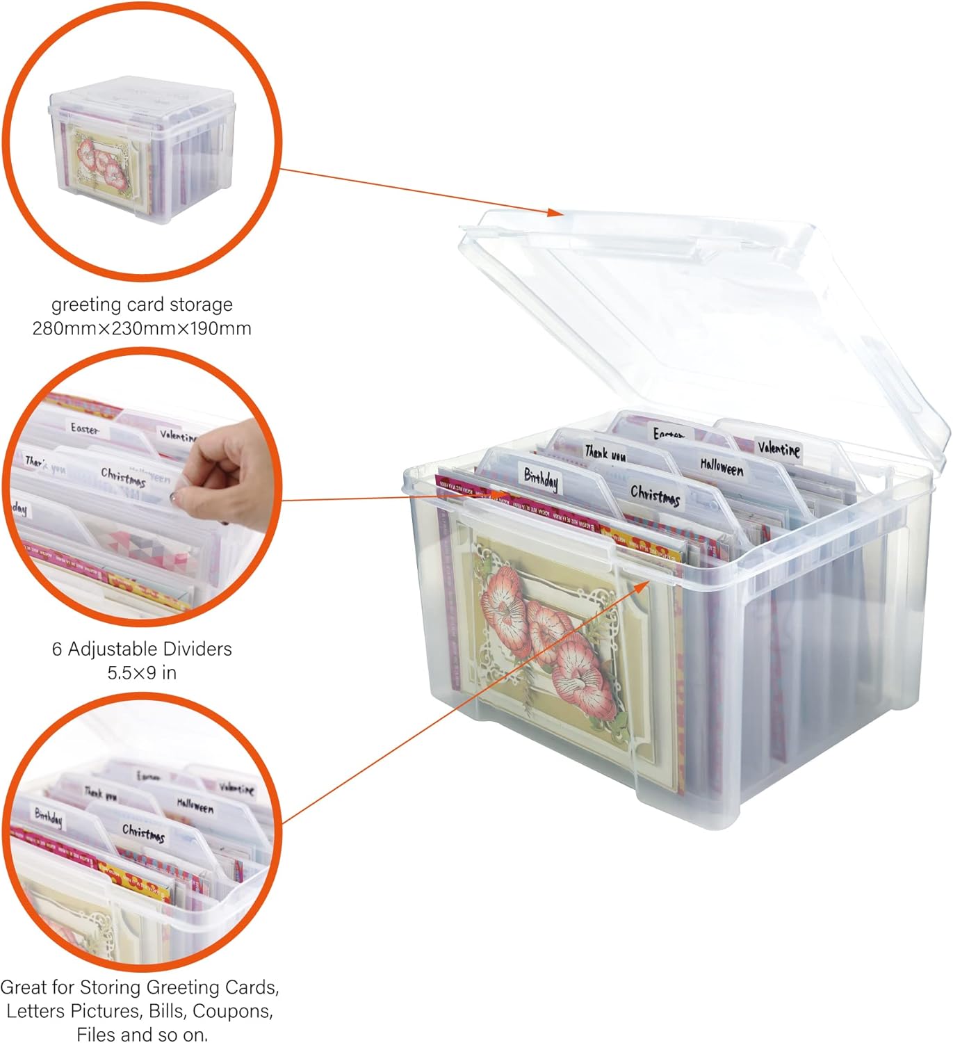 Greeting Card Storage Organizer Box with 6 Dividers