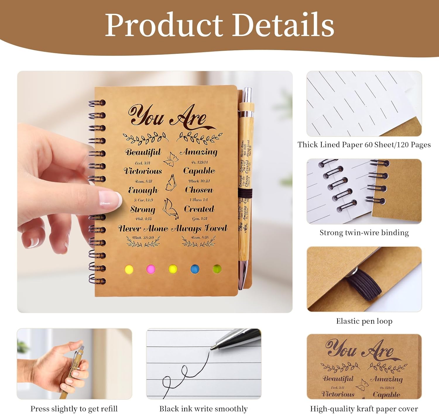 100 PCS Christian Prayer Journal Set with Spiral Notebook and Bamboo Pens
