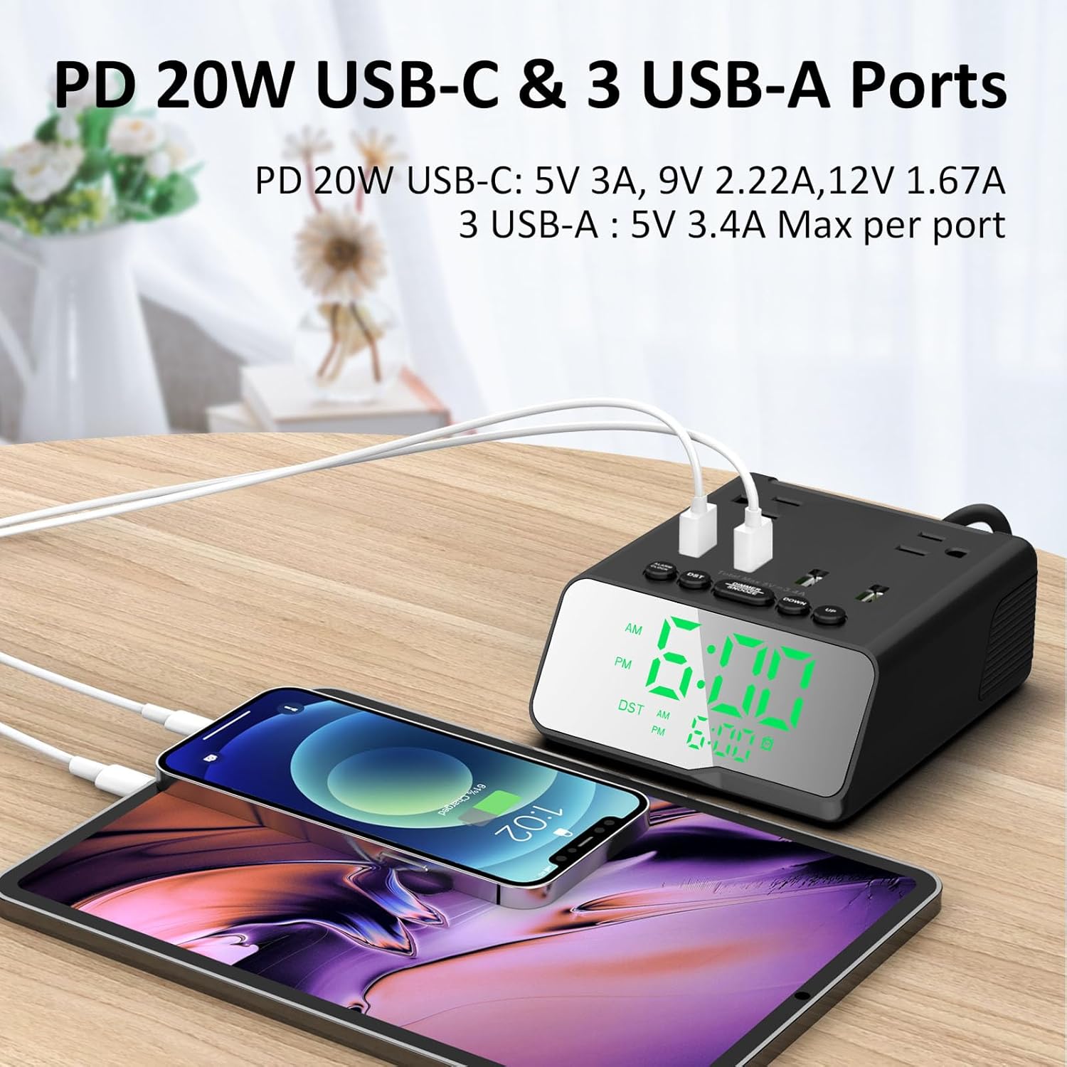 Kungfuking Electronic Alarm Clock with USB Power Strip