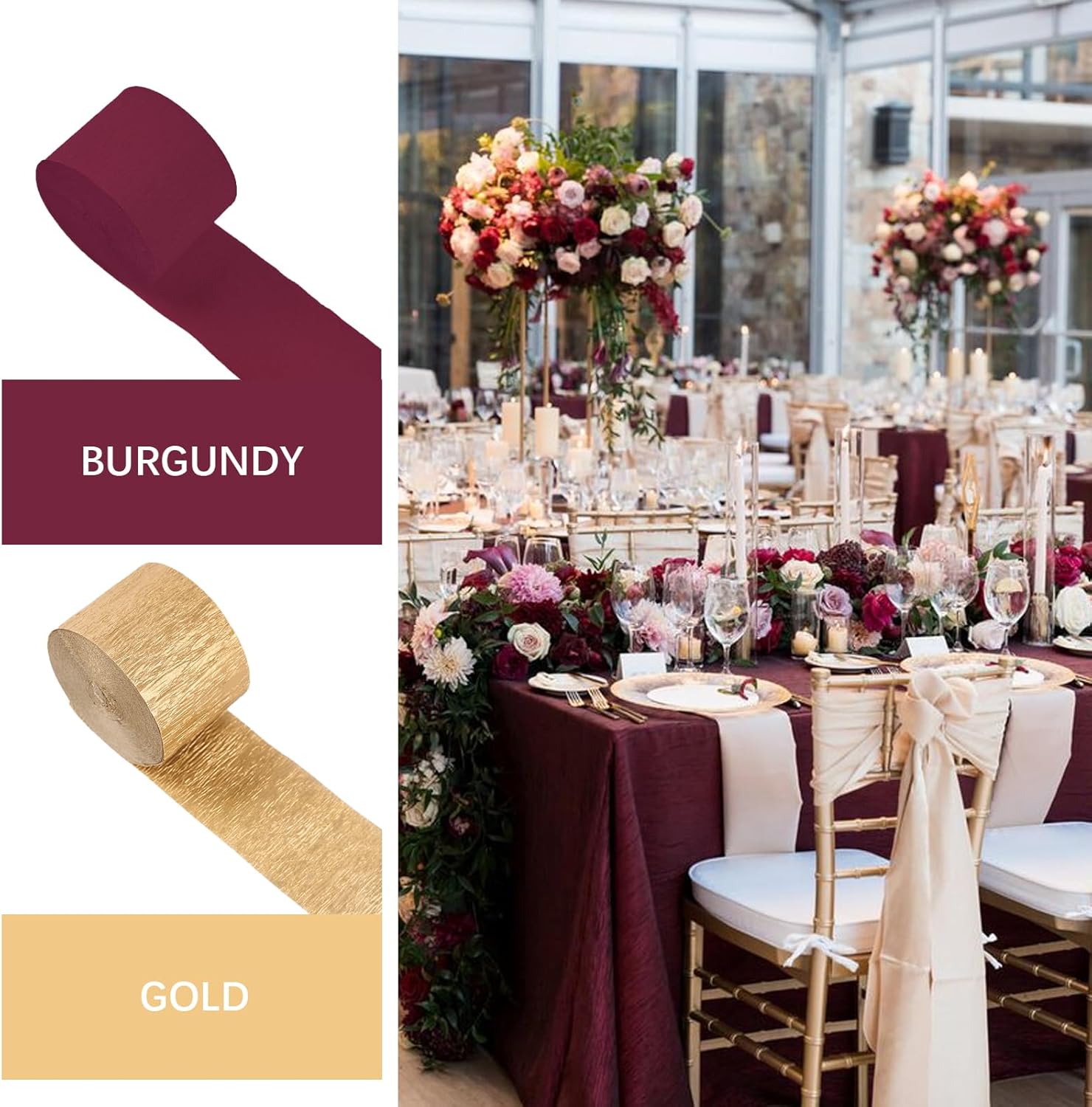 PartyWoo Crepe Paper Streamers 6 Rolls 492ft Burgundy Gold