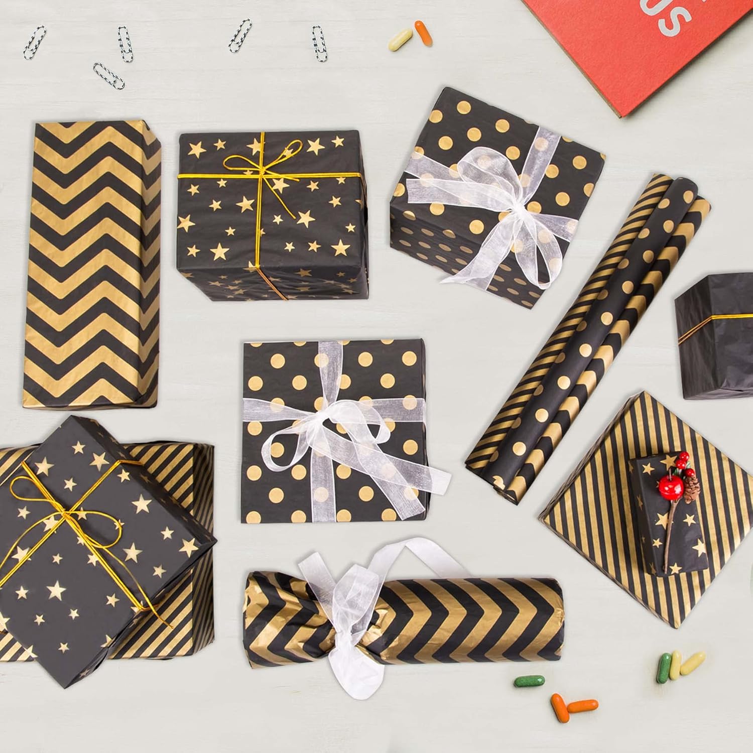 Larcenciel 50 Sheets Black Gold Tissue Paper 5 Styles for Gift Wrapping