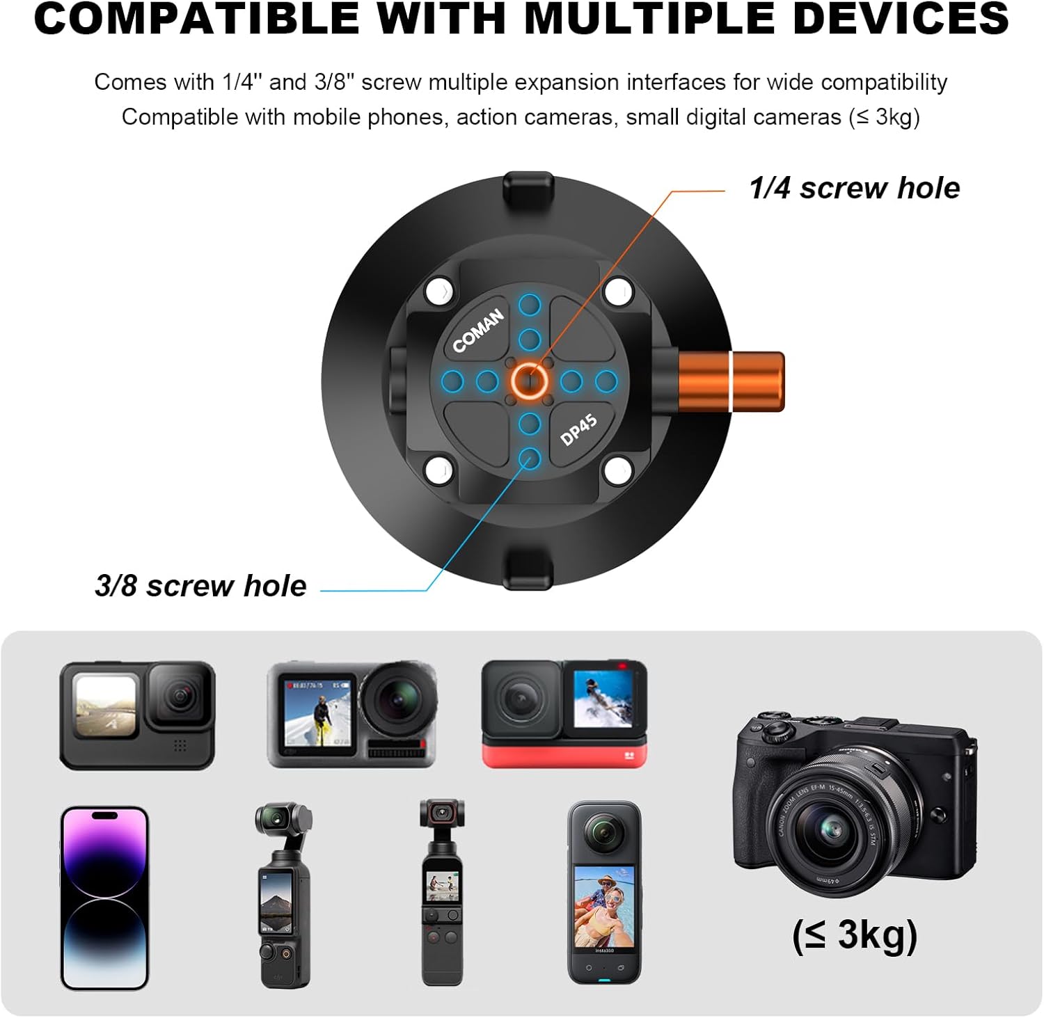 COMAN 45 In Suction Cup Camera Mount with Ball Head Magic Arm