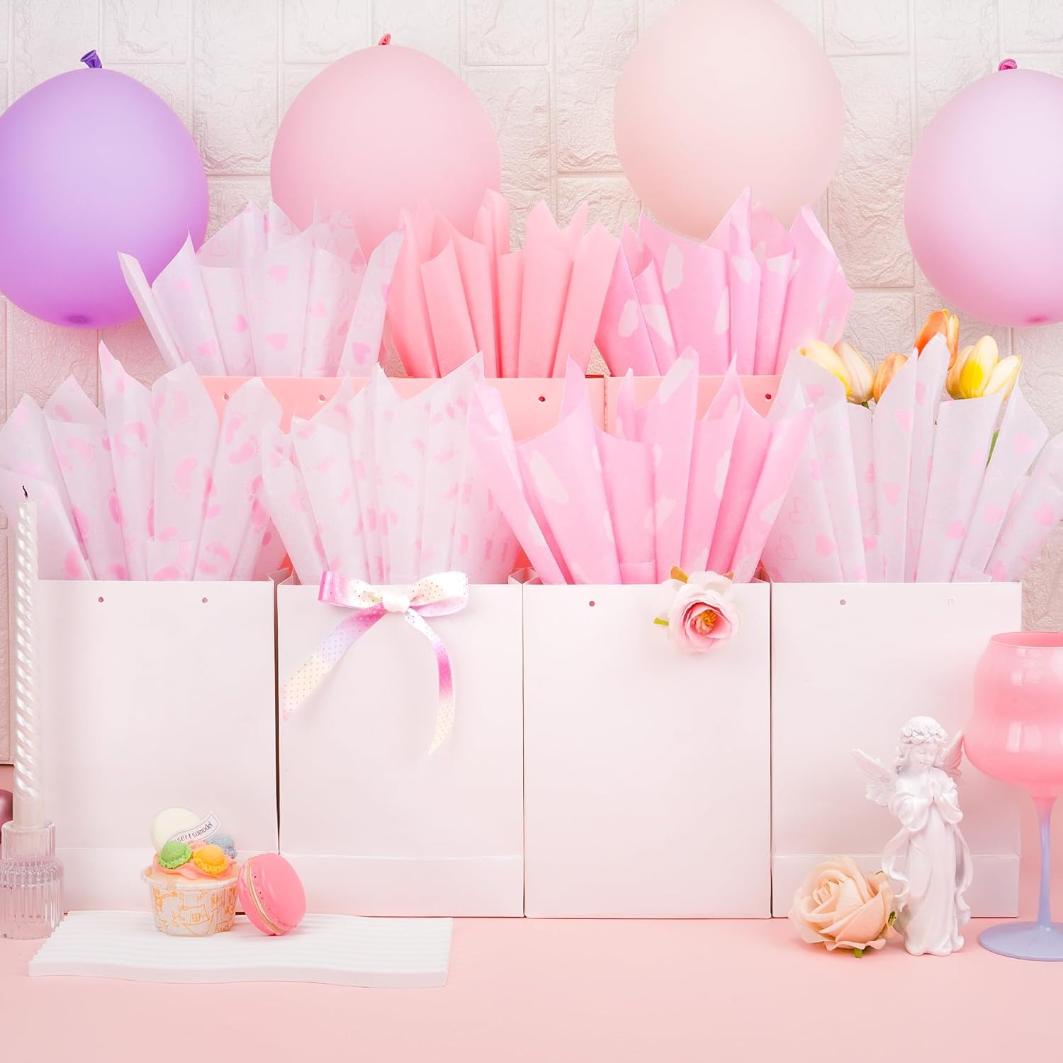Larcenciel Tissue Paper 50 Pcs Baby Feet Print Pink for Gift Wrapping