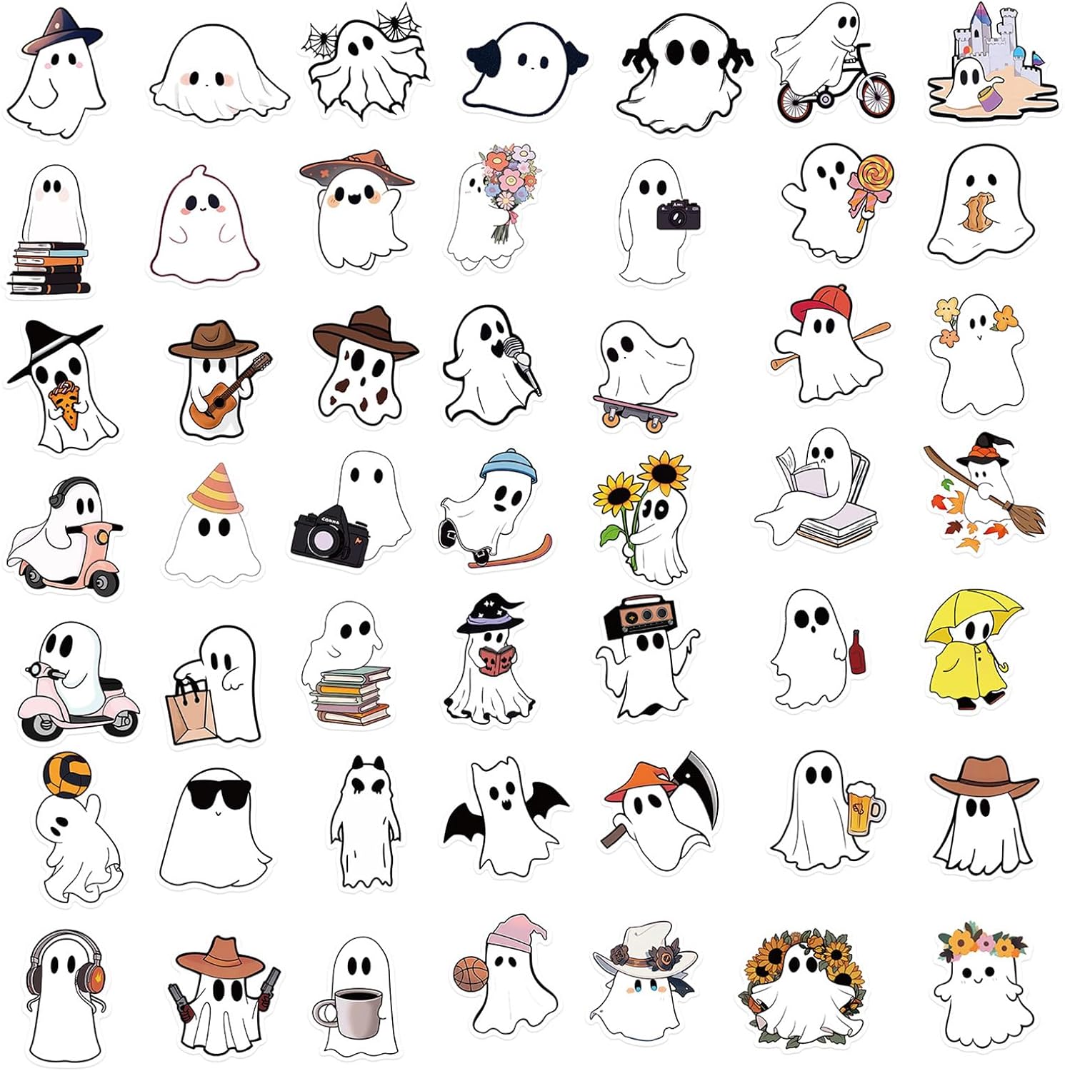 50Pcs Halloween Ghost Theme Stickers for Water Bottles Laptops and Cups