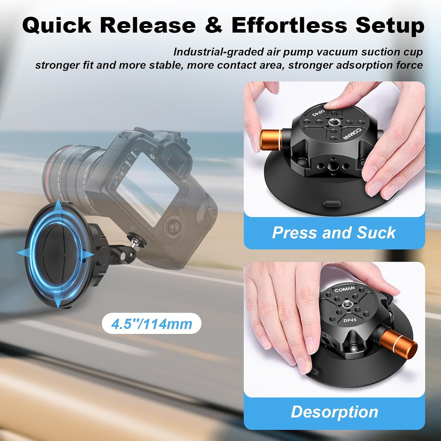 COMAN 45 In Suction Cup Camera Mount with Ball Head Magic Arm