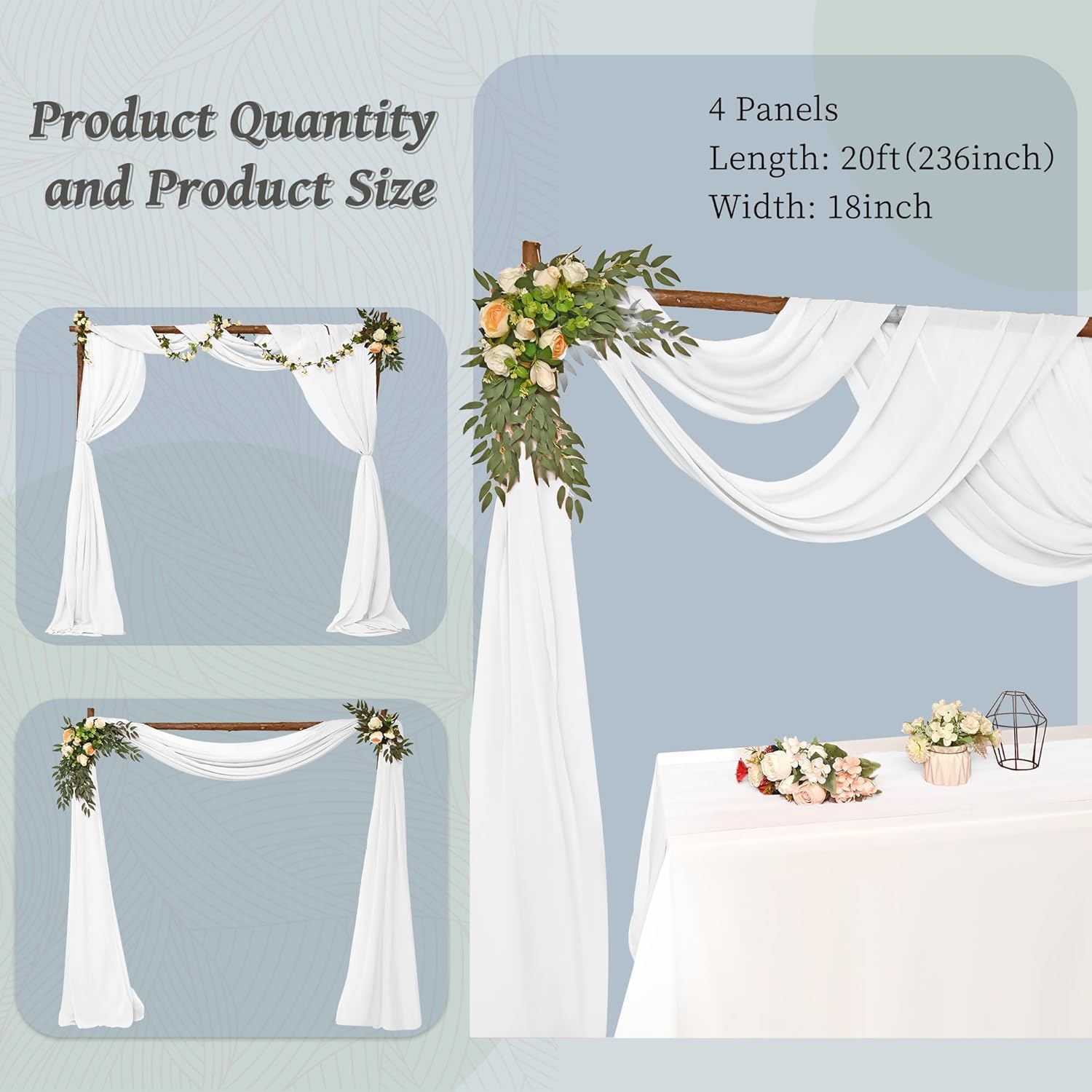 4 Panels Chiffon Wedding Arch Drapes White 20ft x 28in