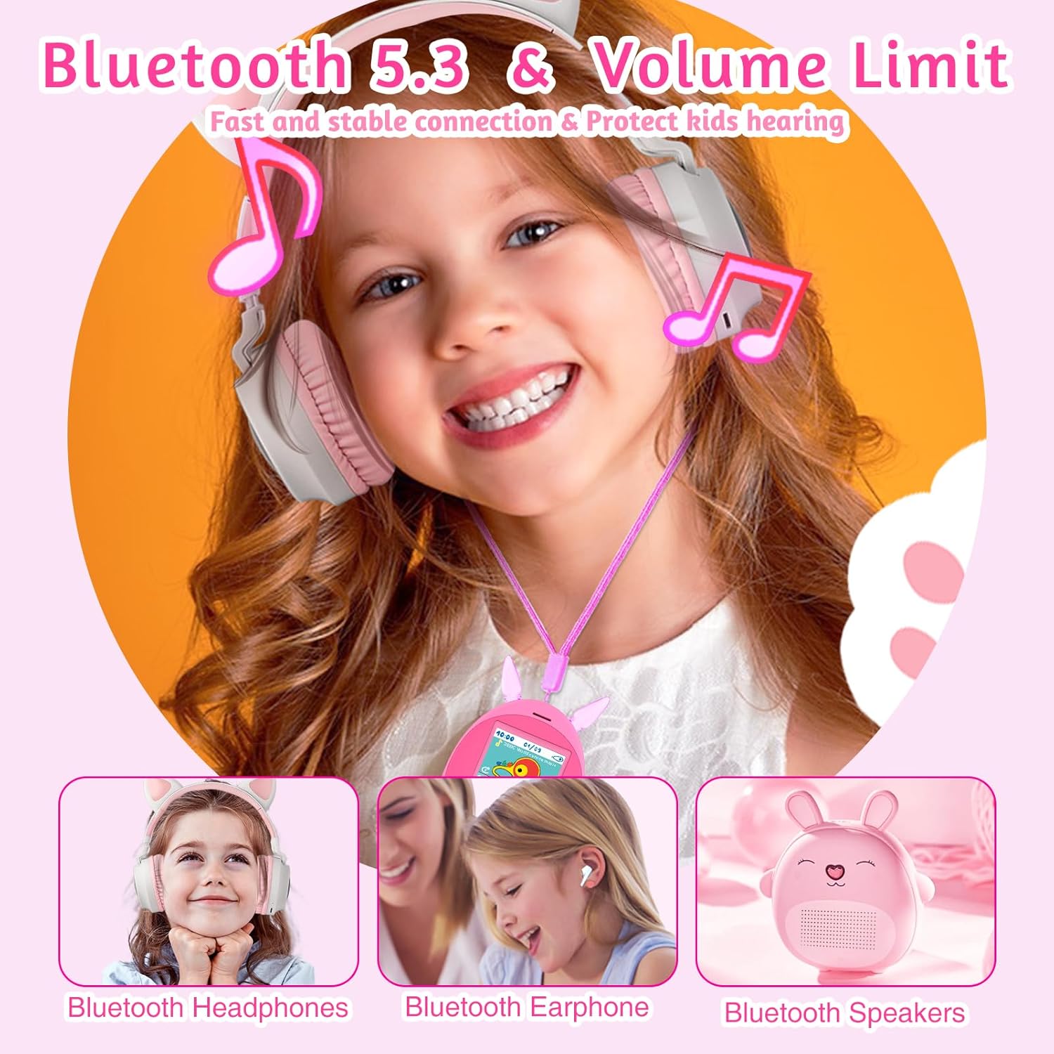 Wiwoo 64GB Kids MP3 Player with Bluetooth and LED Lights