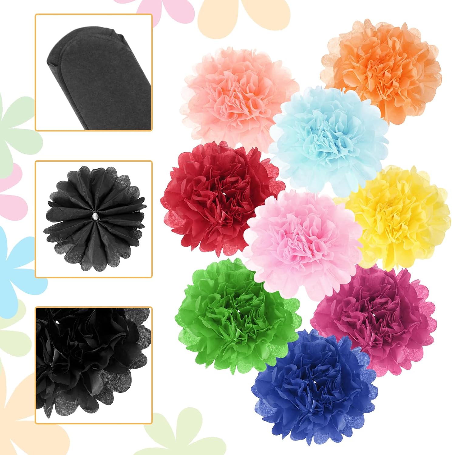 MECCANIXITY 5Pcs Black Paper Pom Poms for Decor