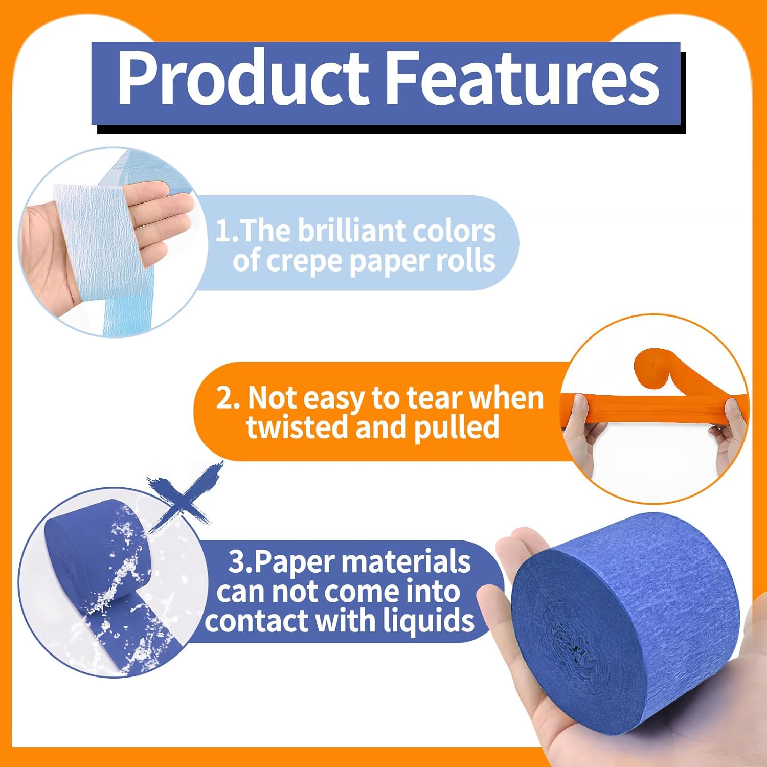 Blue and Orange 8 Rolls Crepe Paper Streamers for Parties