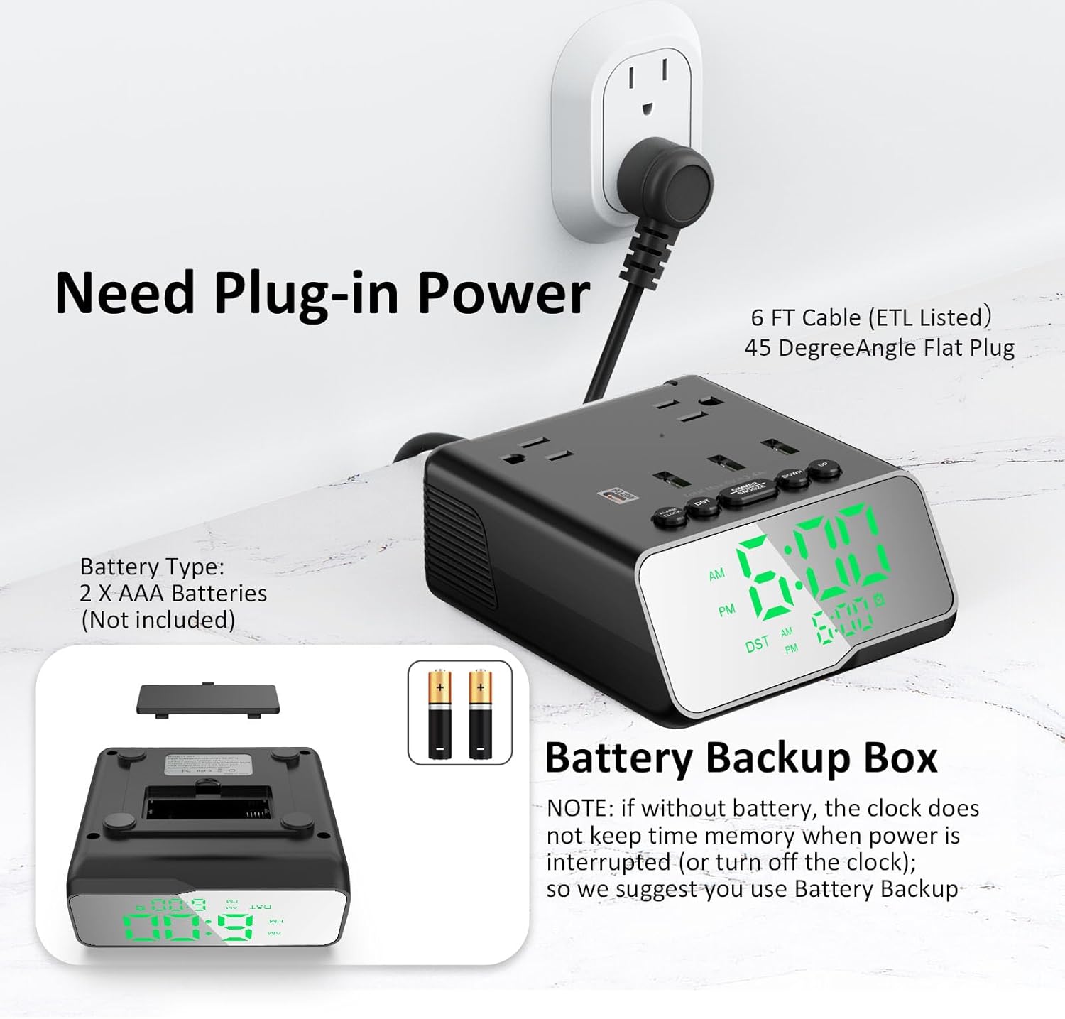 Kungfuking Electronic Alarm Clock with USB Power Strip