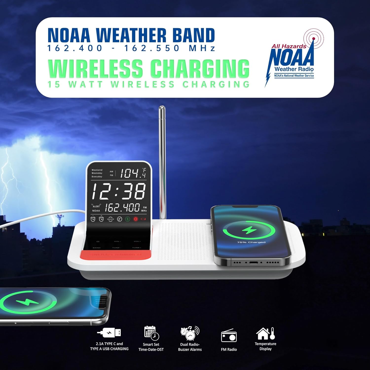 Emerson Weather Radio with Dual Alarm and Wireless Charging
