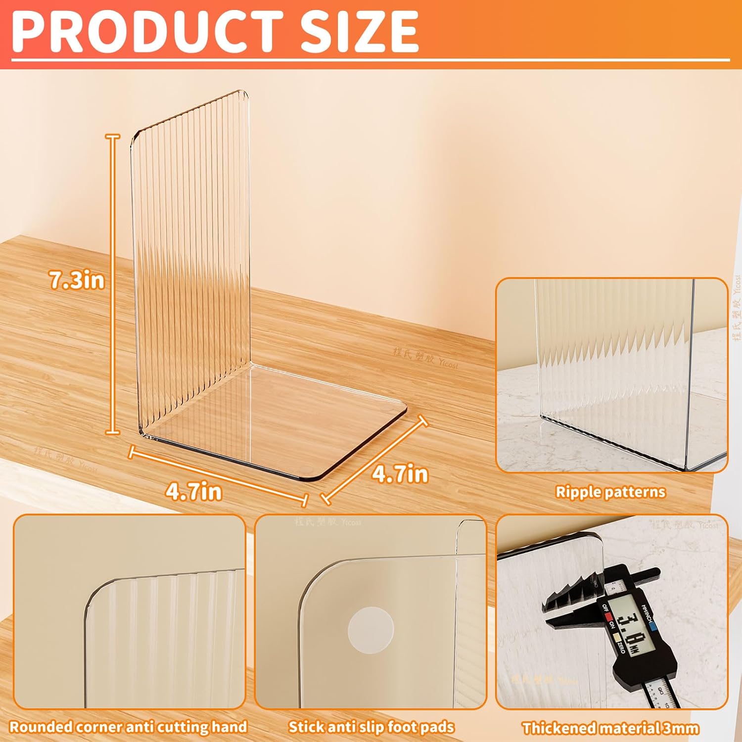 SUOXING 4 Piece Clear Acrylic Bookends for Shelves
