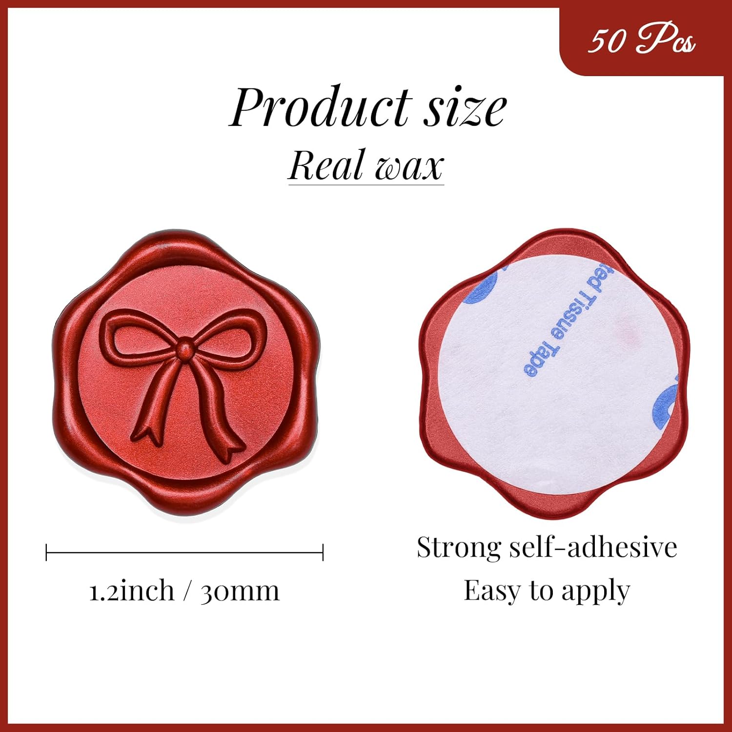 UNIQOOO 3D Bow Wax Seal Stickers 50 Pcs Burgundy Red Seals