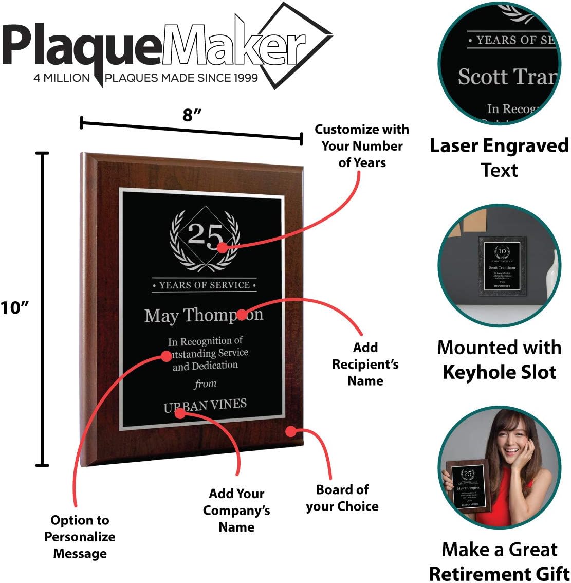 PlaqueMaker Personalized Years of Service Award - Black with Silver