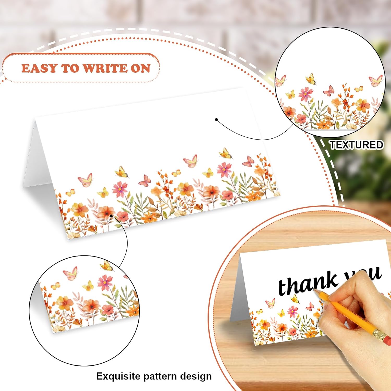 Whaline 100 Pcs Fall Place Cards Wildflower Butterfly Tent Name Cards