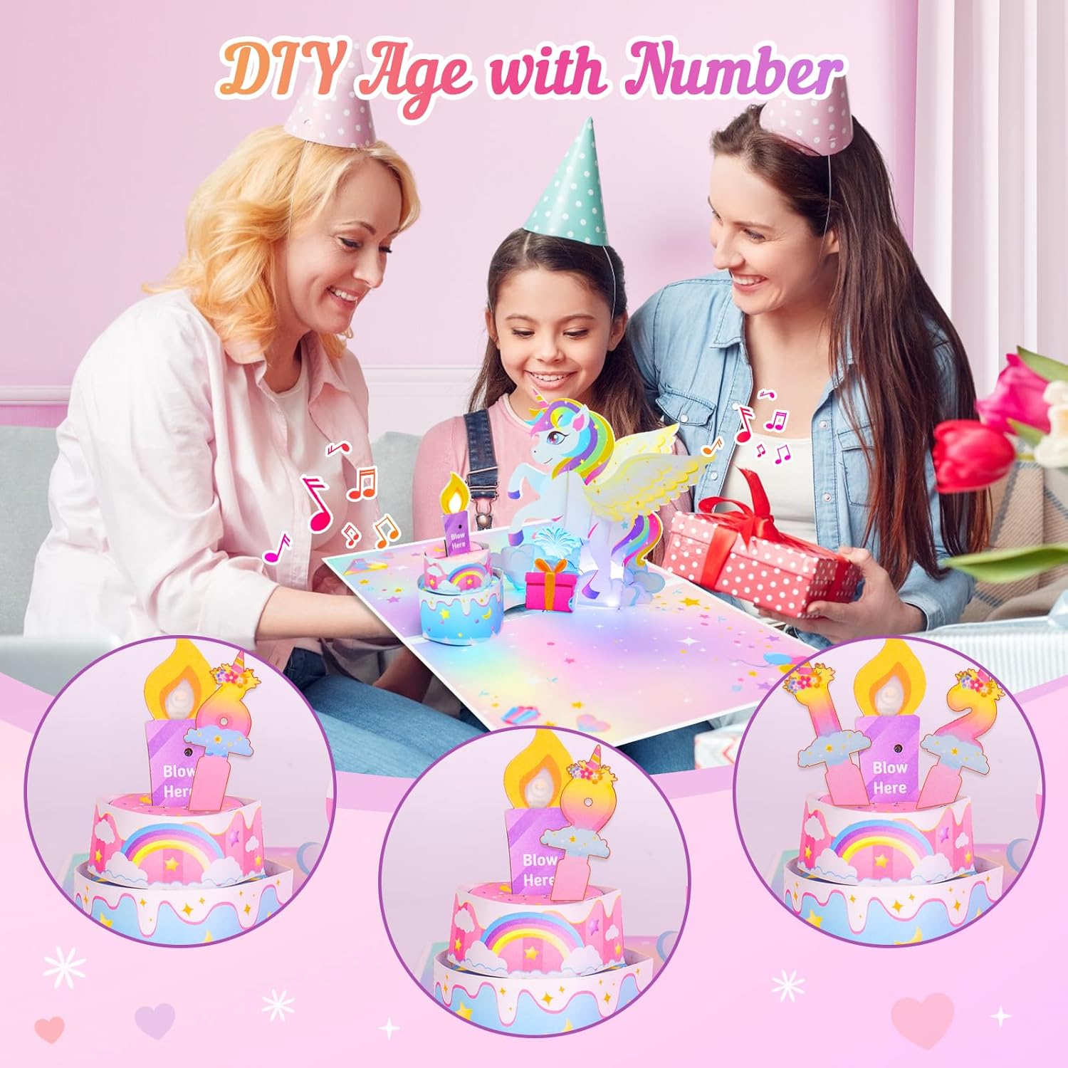 Unicorn Pop-up Light Music Birthday Card with DIY Numbers
