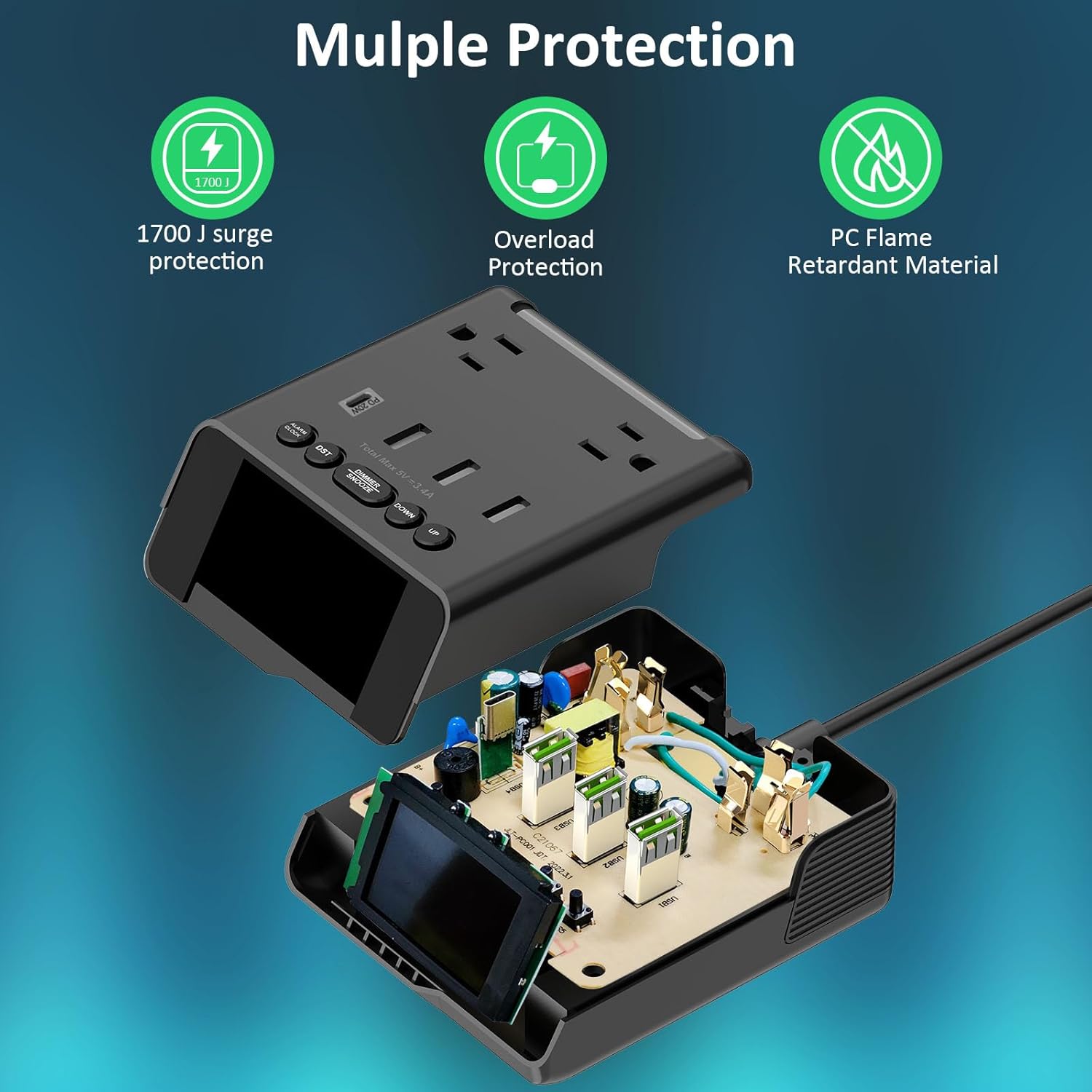 Kungfuking Electronic Alarm Clock with USB Power Strip