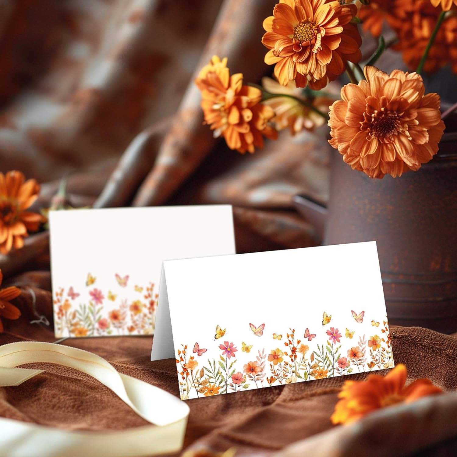 Whaline 100 Pcs Fall Place Cards Wildflower Butterfly Tent Name Cards