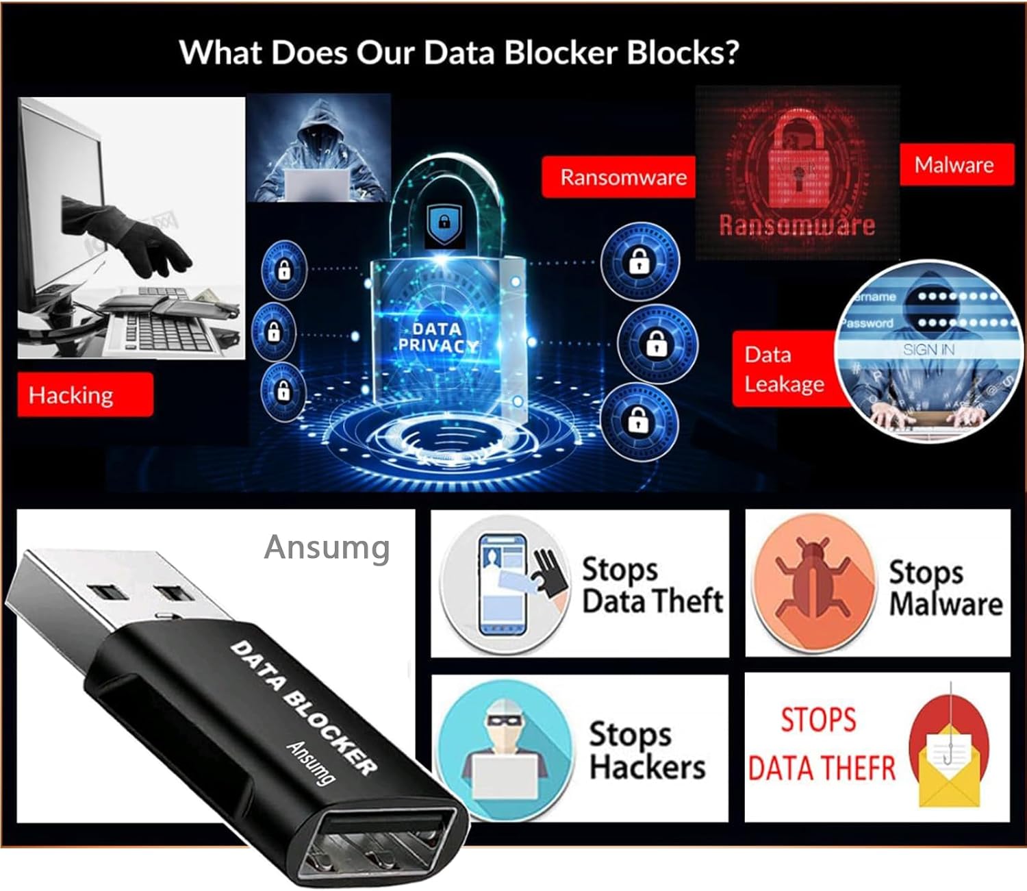 USB Data Blocker - Hack Proof Safe Charging No Data Transfer