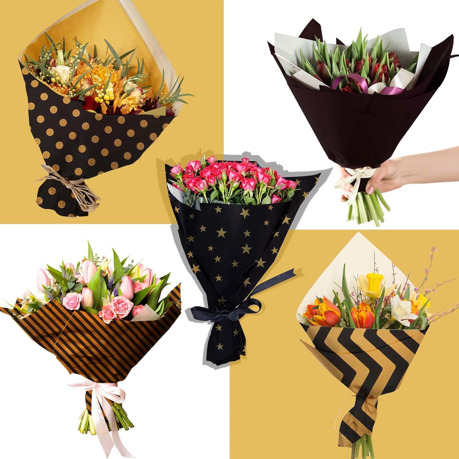 Larcenciel 50 Sheets Black Gold Tissue Paper 5 Styles for Gift Wrapping