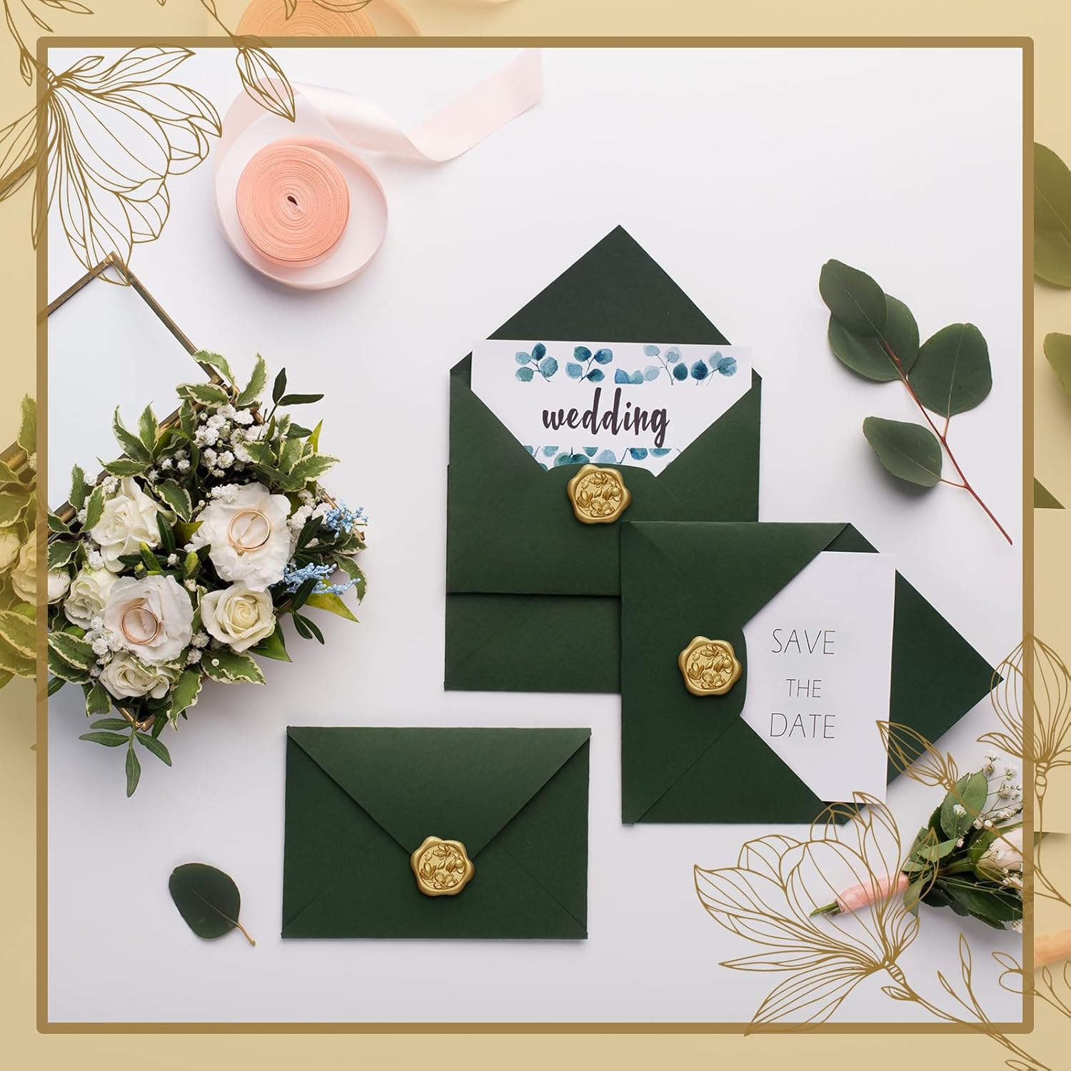 100pcs 3D Magnolia Wax Seal Stickers Antique Gold