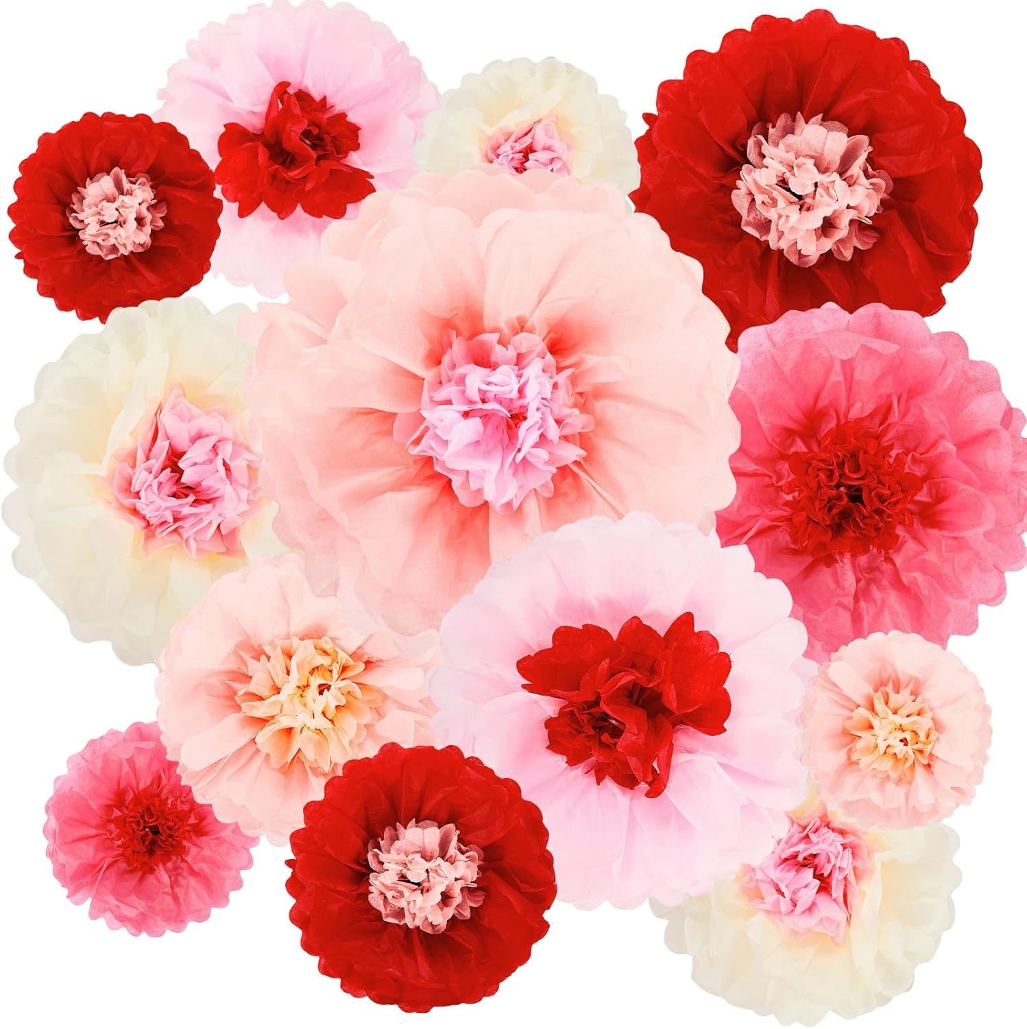 Hotop 36 Pcs Pink Red Paper Flowers Pom Poms Decor