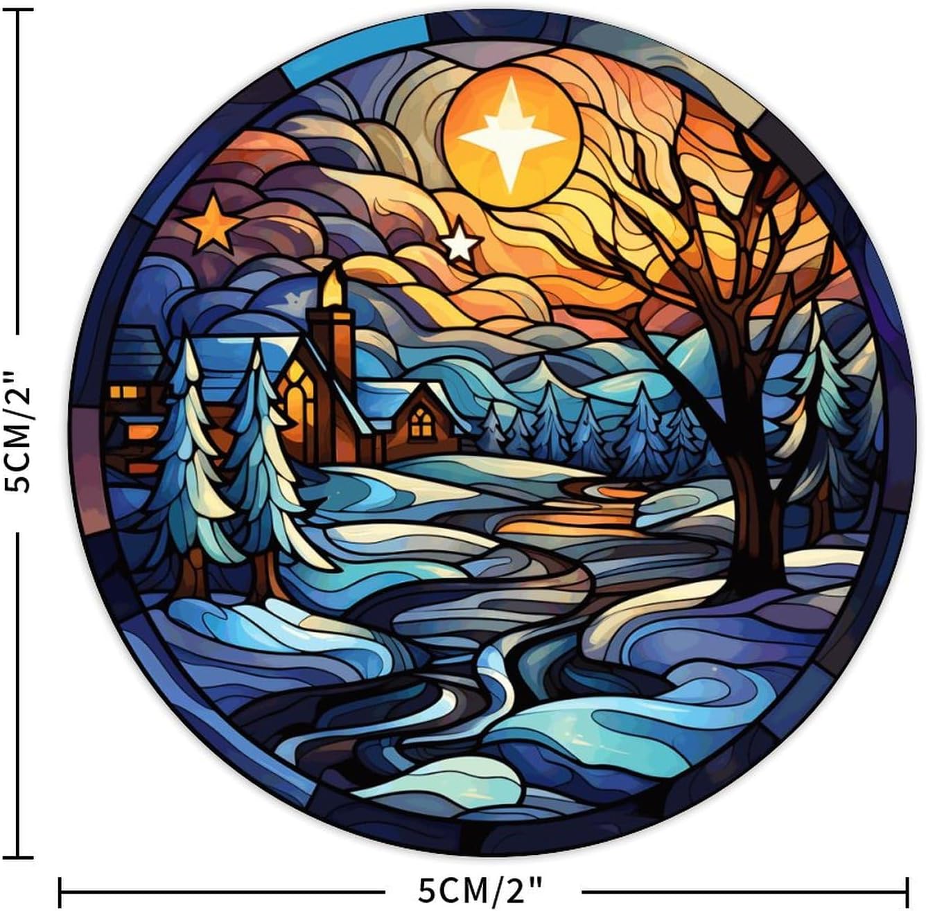 2in Round Label Stickers 100pcs Winter Snow House Stained Glass Christmas Decals