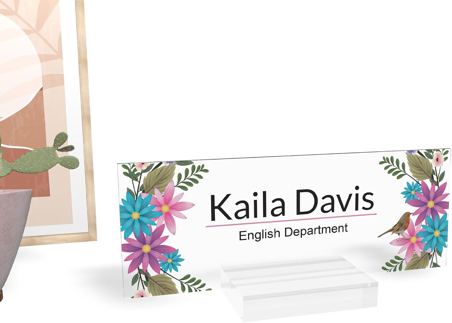 Frosted White Name Plate with Wooden Stand - Personalized Acrylic Desk Sign