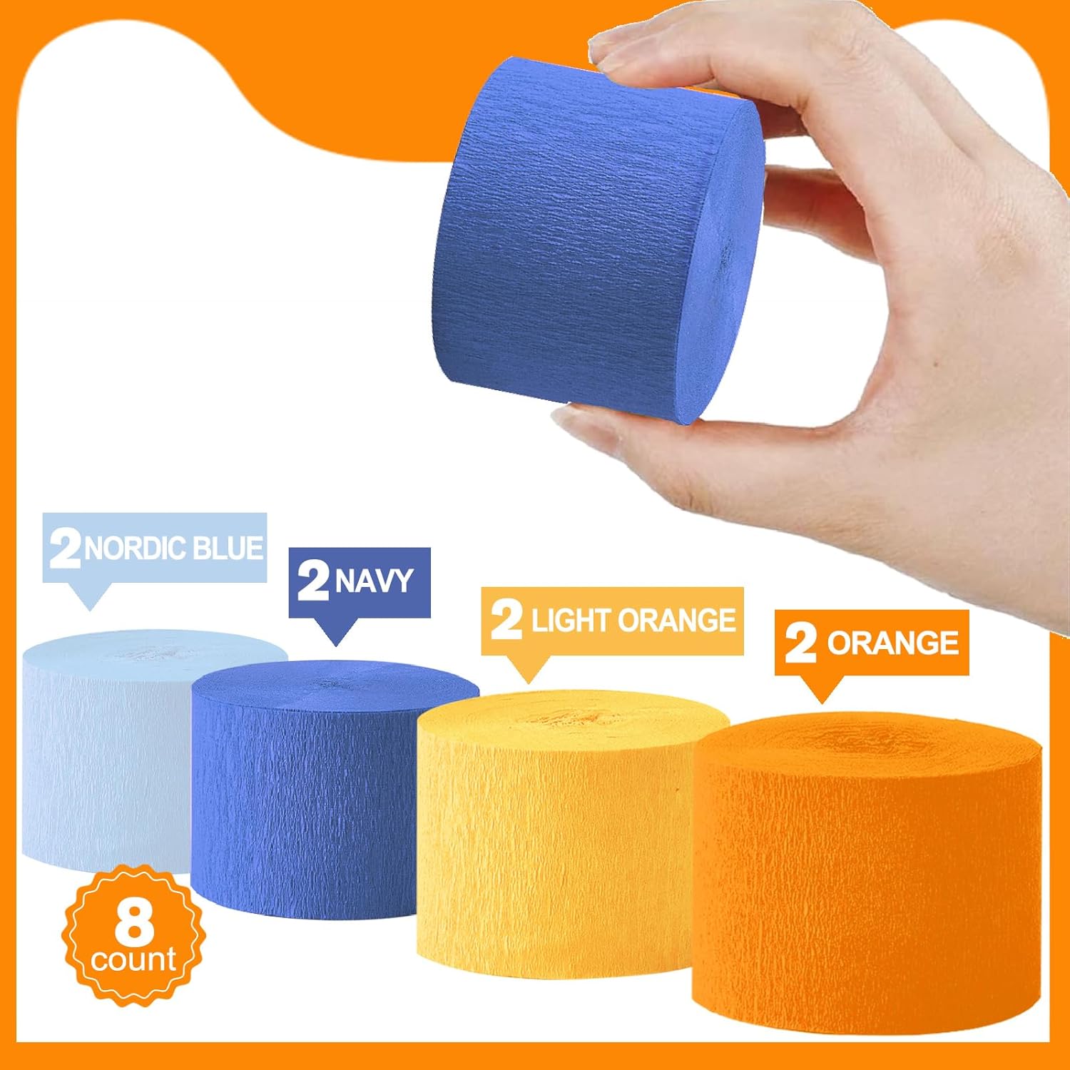 Blue and Orange 8 Rolls Crepe Paper Streamers for Parties