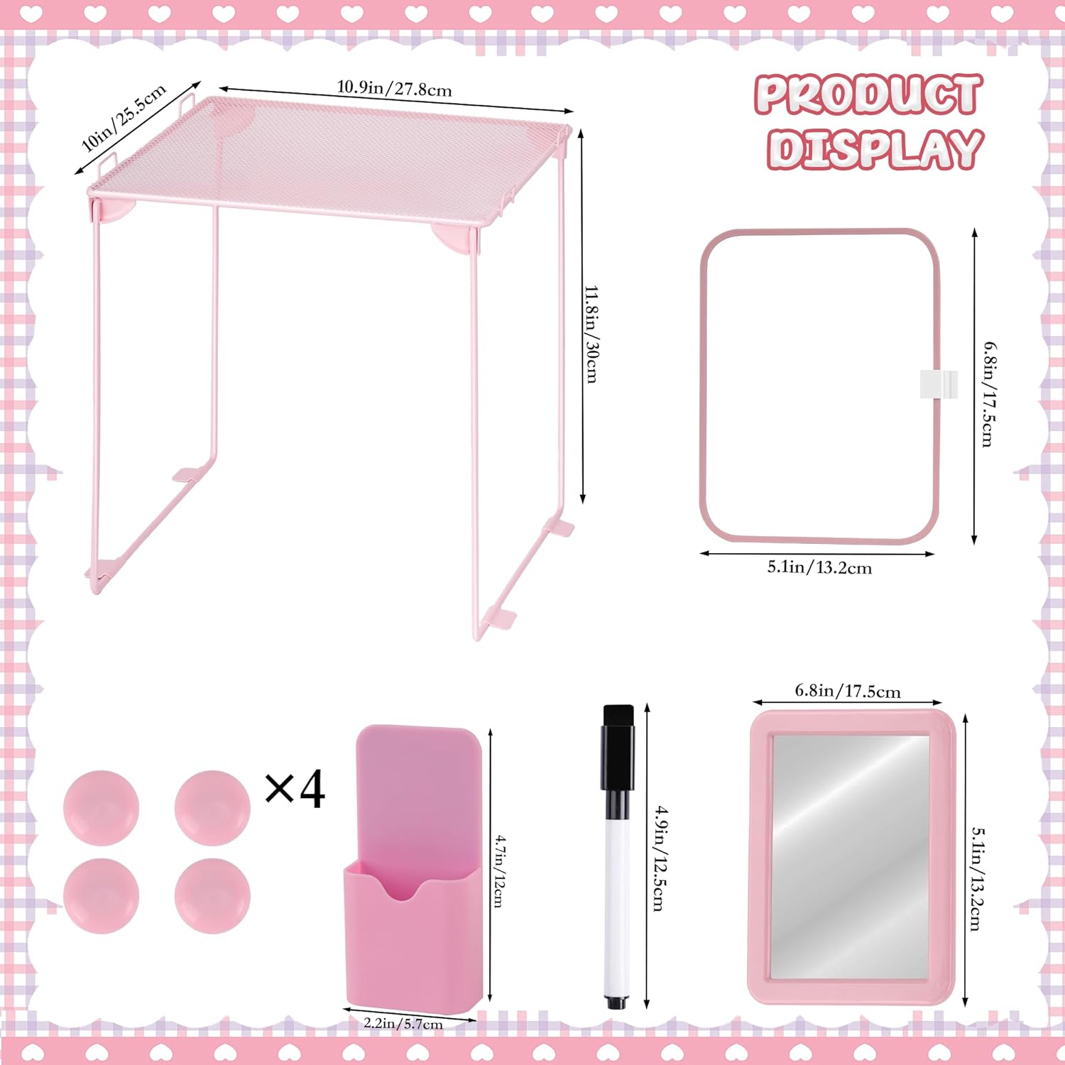 Pink Locker Accessories with Shelf Mirror and Whiteboard