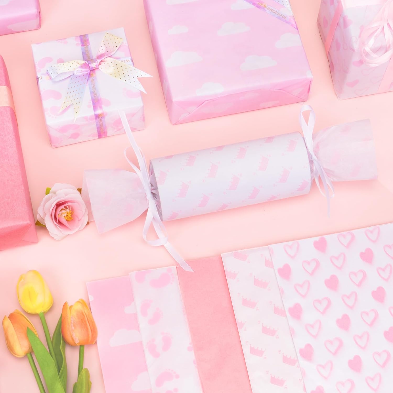 Larcenciel Tissue Paper 50 Pcs Baby Feet Print Pink for Gift Wrapping