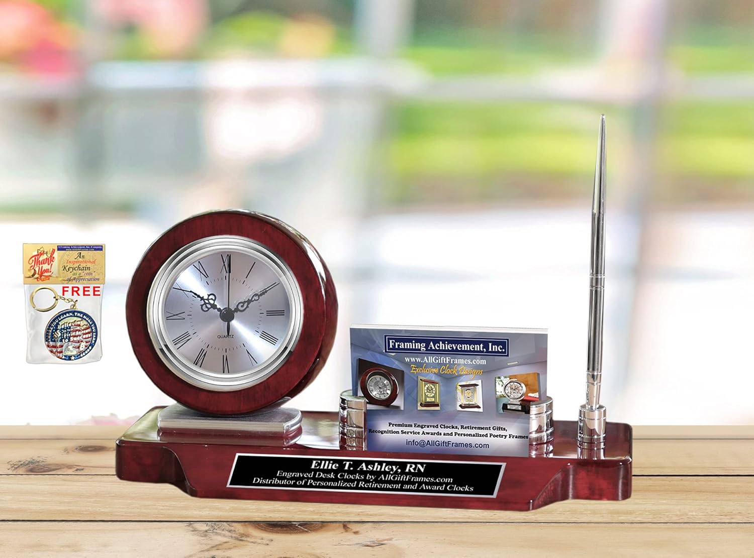 Custom Engraved Name Plate with Clock and Pen Holder Desk Organizer