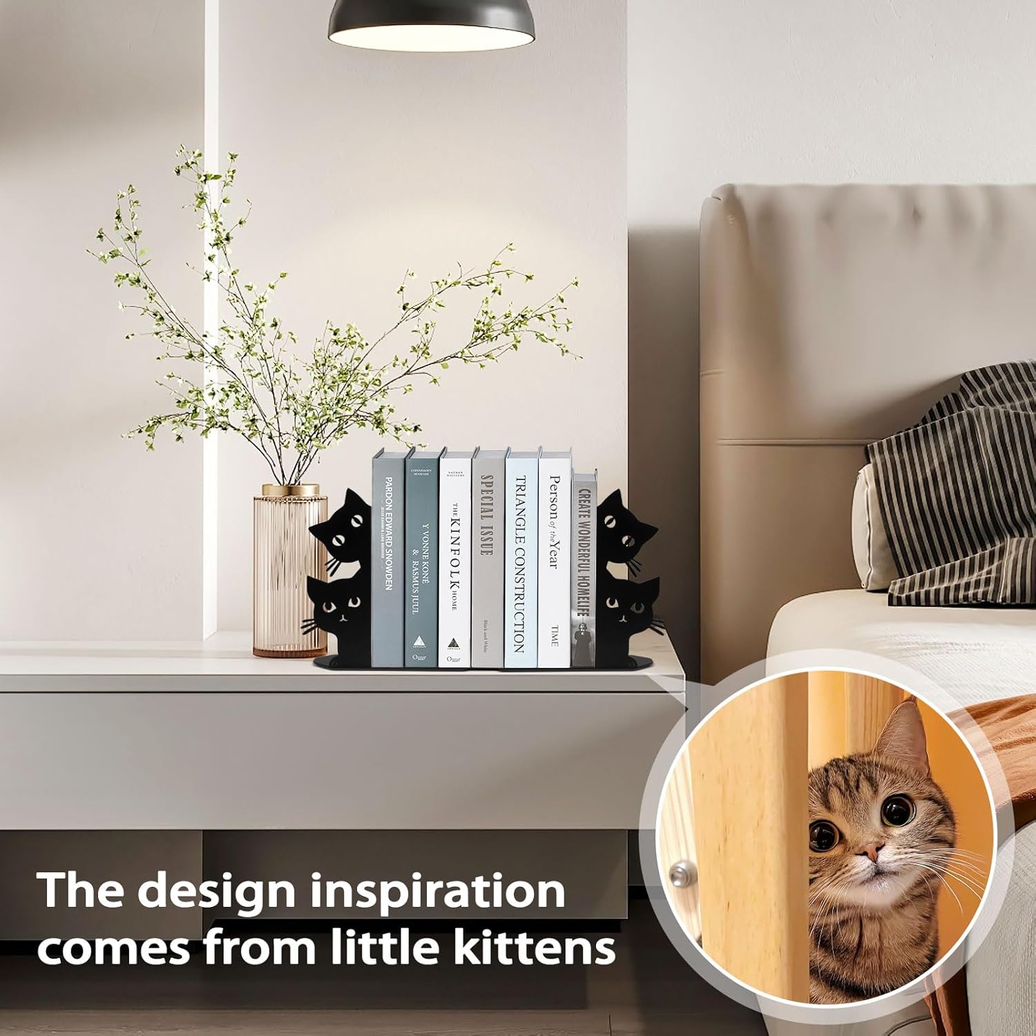 Peeping Cat Bookends for Shelves Decorative Black Metal