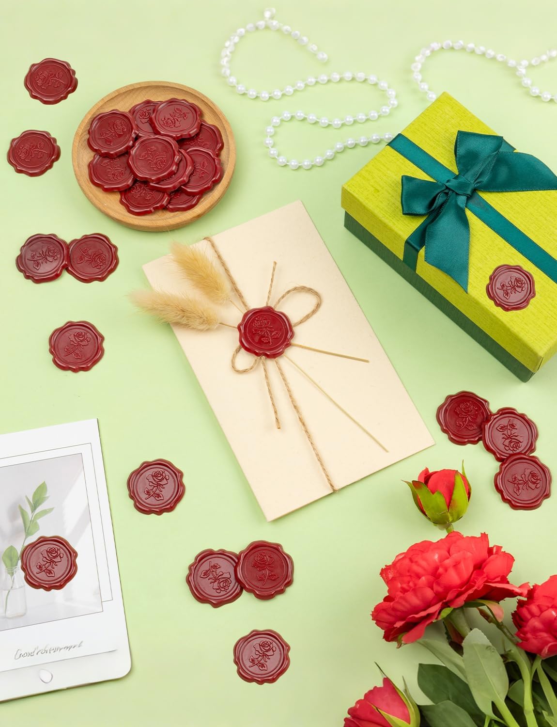 55 Pcs Red Rose Wax Seal Stickers for Envelopes and Invitations