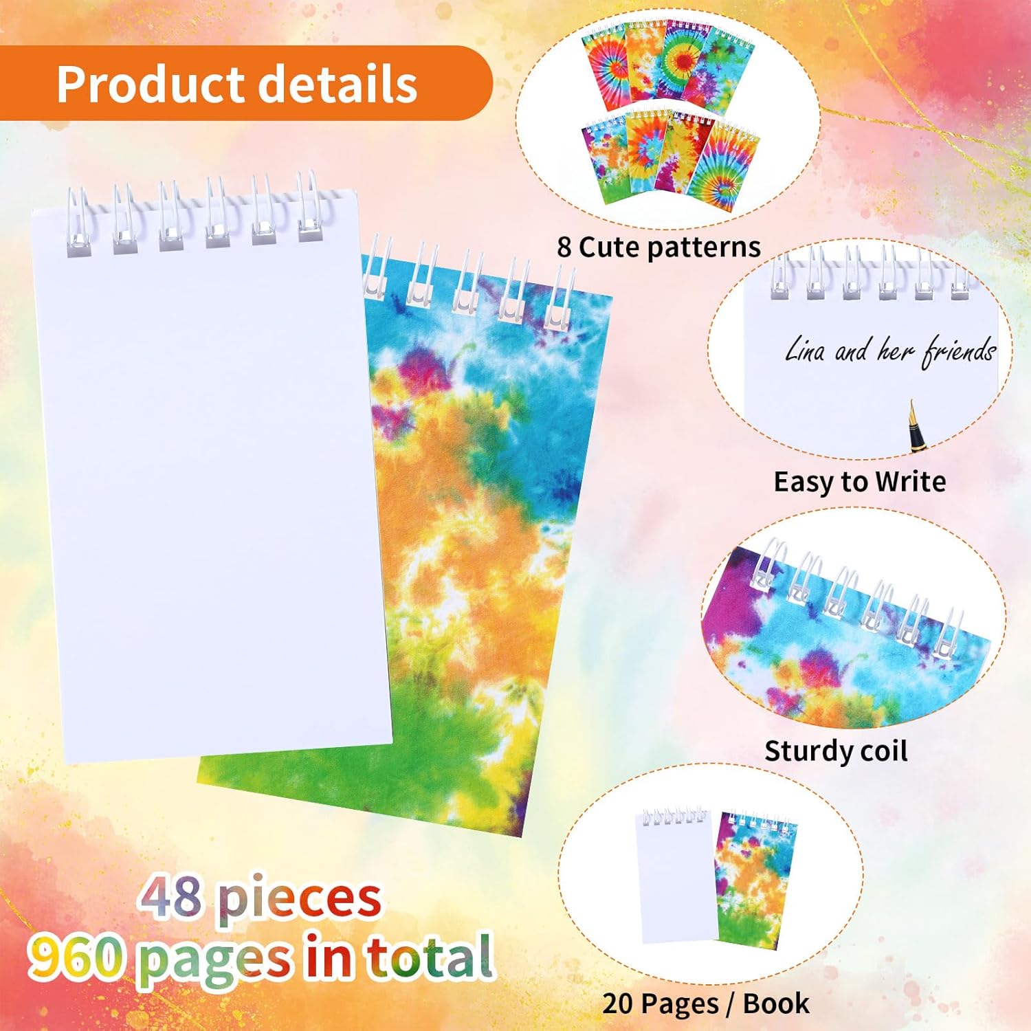 Zonon 48 Pcs Mini Tie Dye Notebooks
