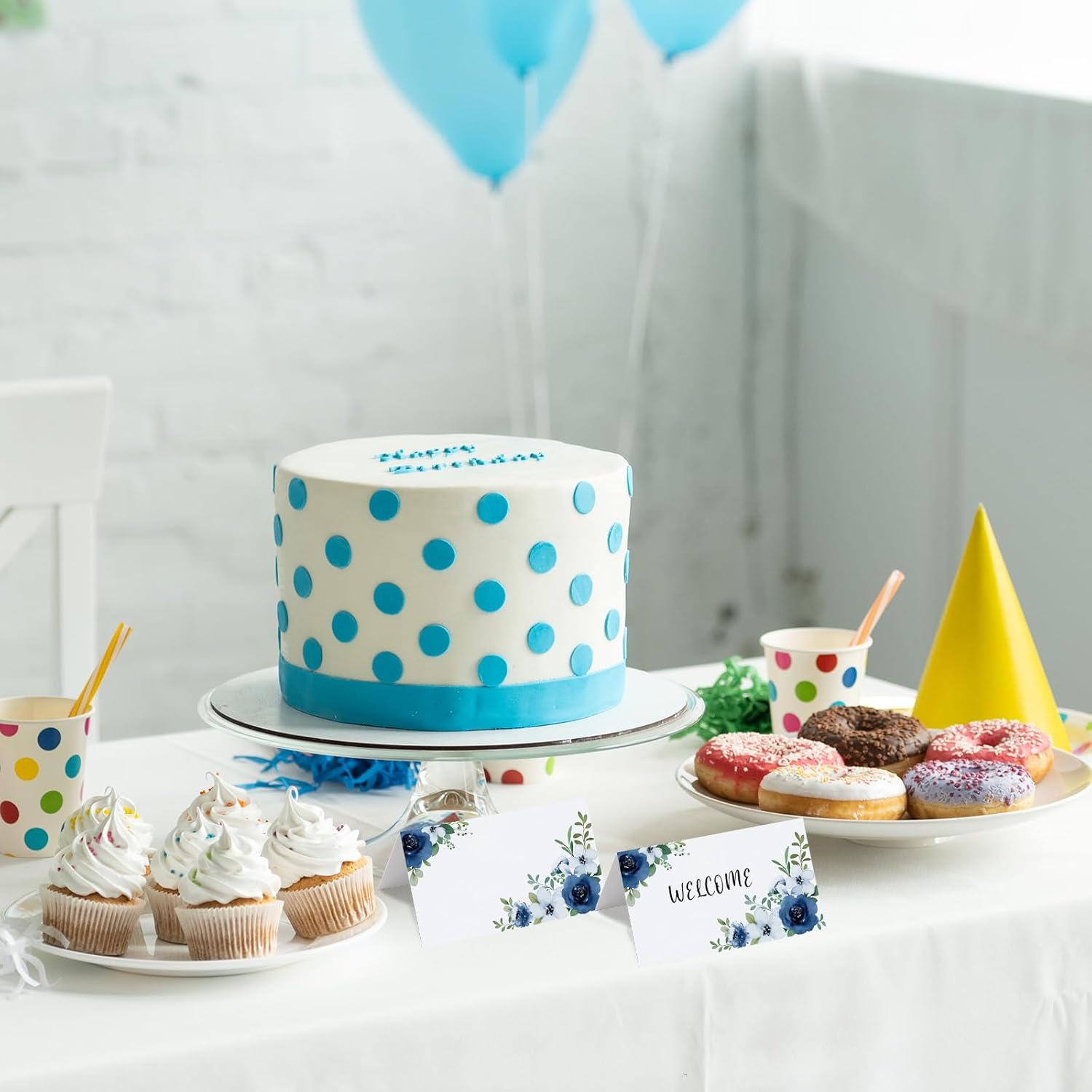 Whaline 100 Pcs Floral Place Cards White Blue Tented