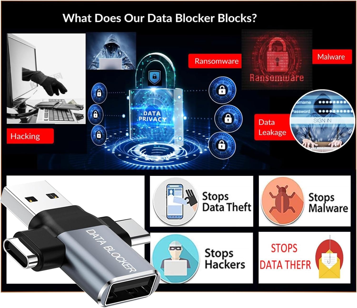 USB Data Blocker - 4 in 1 Hack Proof Secure Charging