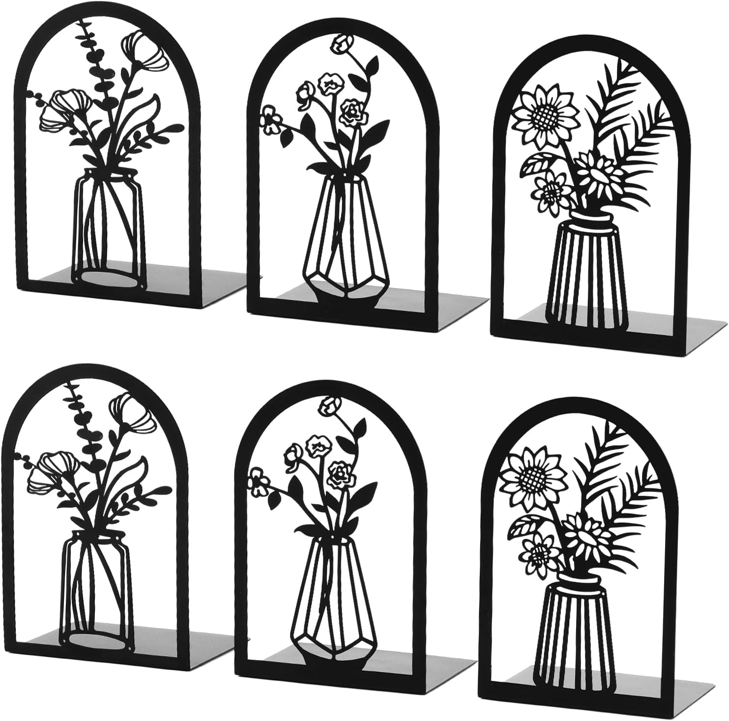 3 Pair Decorative Metal Bookends with Flower Designs